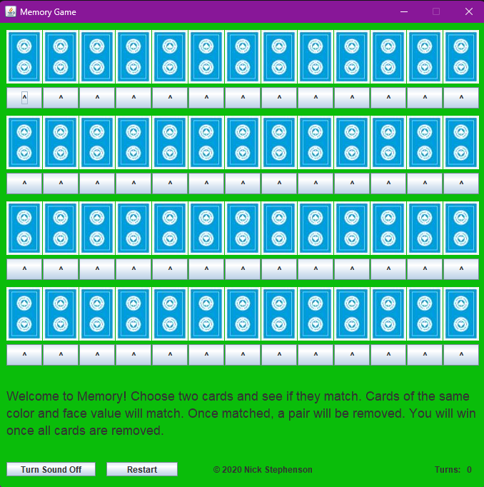 A 13x4 grid of face-down cards on a green background, making up the game window.